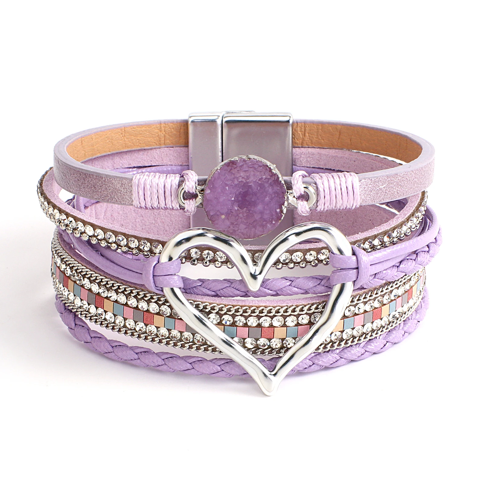 ALLYES-pulsera de cuero púrpura elegante para mujer, brazalete bohemio con cuentas de cristal de resina, brazalete con forma de corazón, regalos de joyería