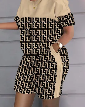 Women Casual Short Sleeve Two Piece Sets Women Outfit 2024 Summer Plaid Printe Pocket Suit Female T Shirt Shorts 2 Pieces Set 1
