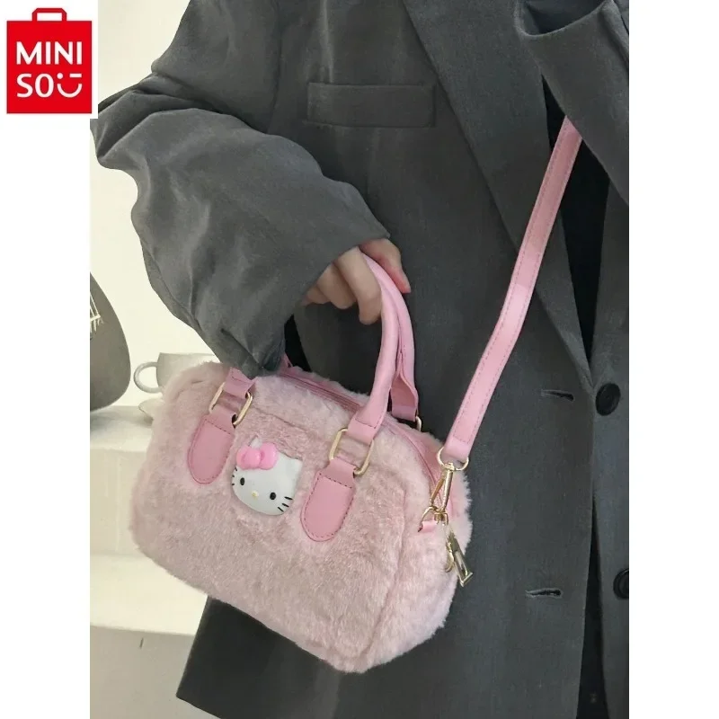 MINISO Sanrio Cartoon Hello Kitty Sweet Pink Printed Women's Love Cute Plush Fashion High Quality Diagonal Straddle Bag