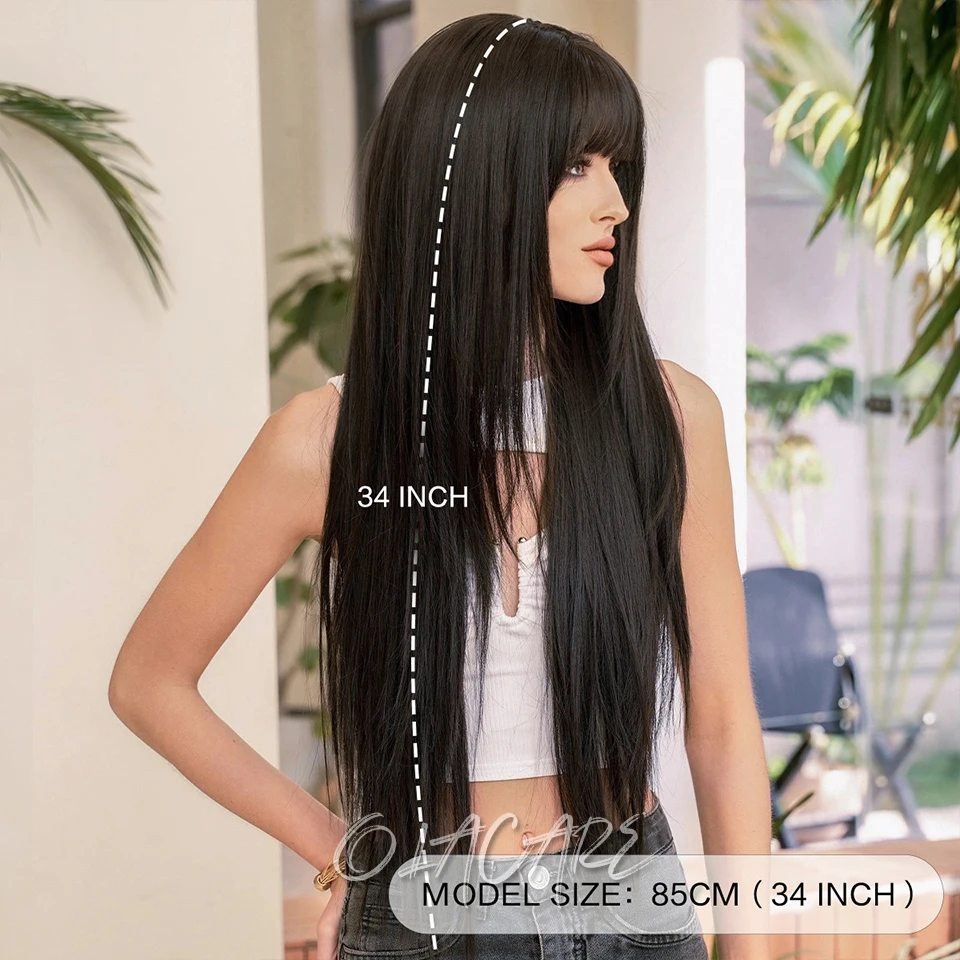 Black Synthetic Long Straight Wig with Bangs for Women