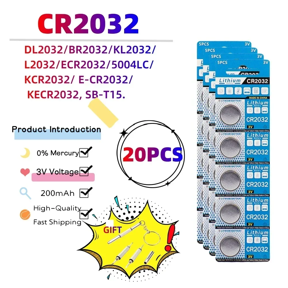 

20 шт., 3 в, 200 мАч, CR2032, батарейки с монетами, CR 2032 DL2032 BR2032 KL2032 ECR2032, литиевая батарейка с кнопкой для дистанционного управления часами