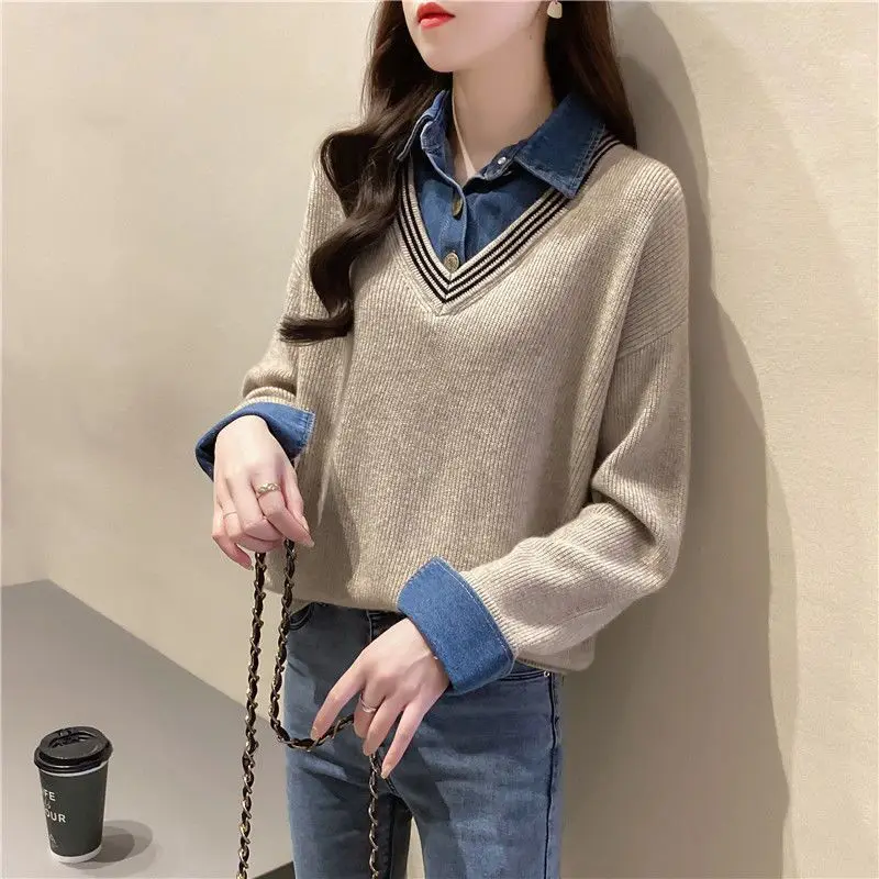 Korean Fashion Denim Knitted Spliced Fake Two Pieces Shirt Women Clothing 2022 Autumn New Commute All-match V-Neck Casual Blouse