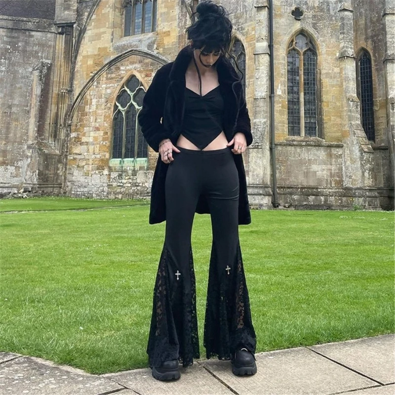 Gothic Style Flared Pants Sexy Black Lace Patchwork High Waist Trousers Vintage Harajuku Punk Style Streetwear Y2K Pants