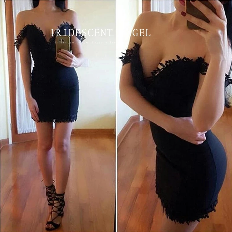 

Iridescent Sexy Black Off The Shoulder Short Mini Mermaid Prom Dresses Appliques Zipper Back Homecoming Cocktail Party Gowns