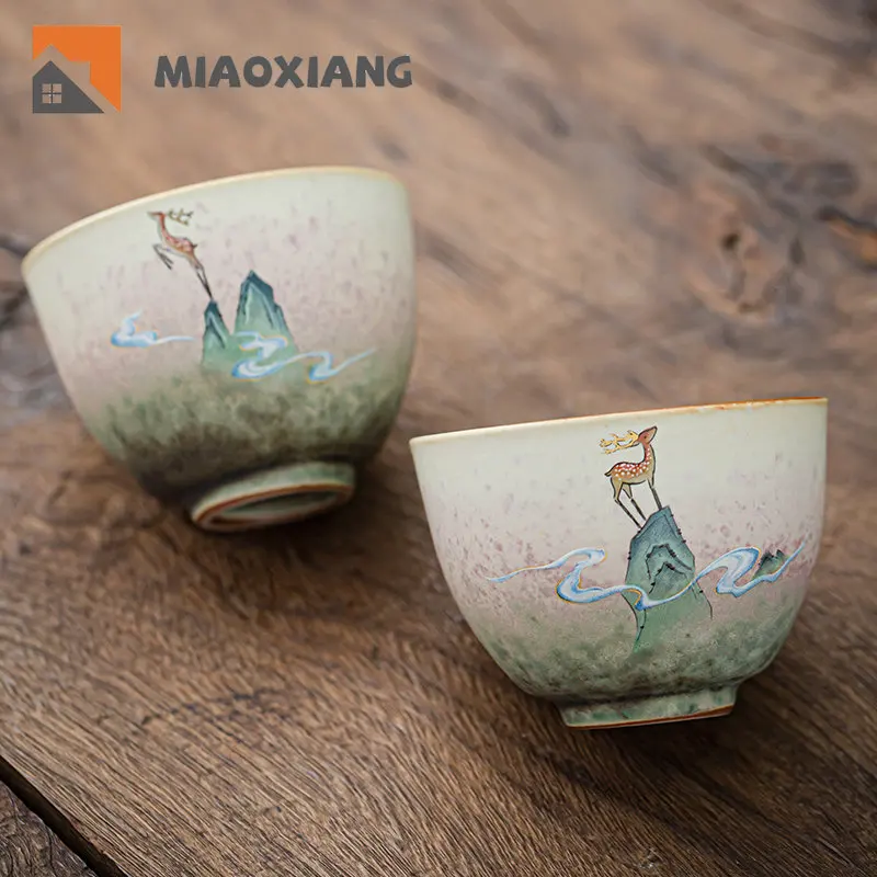 

Chinese Rough Pottery Tea Cup Xiangyun Auspicious Deer Tea Cup Family Kungfu Tea Set Zen Style Retro Master Cup Personal Cup