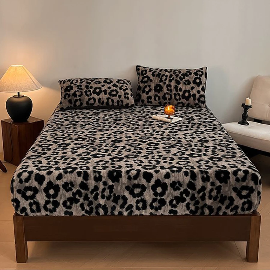 WOSTAR Fluffy rabbit plush elastic fitted sheet mattress protector cover leopard print winter warm coral fleece bedsheet 90/150 6