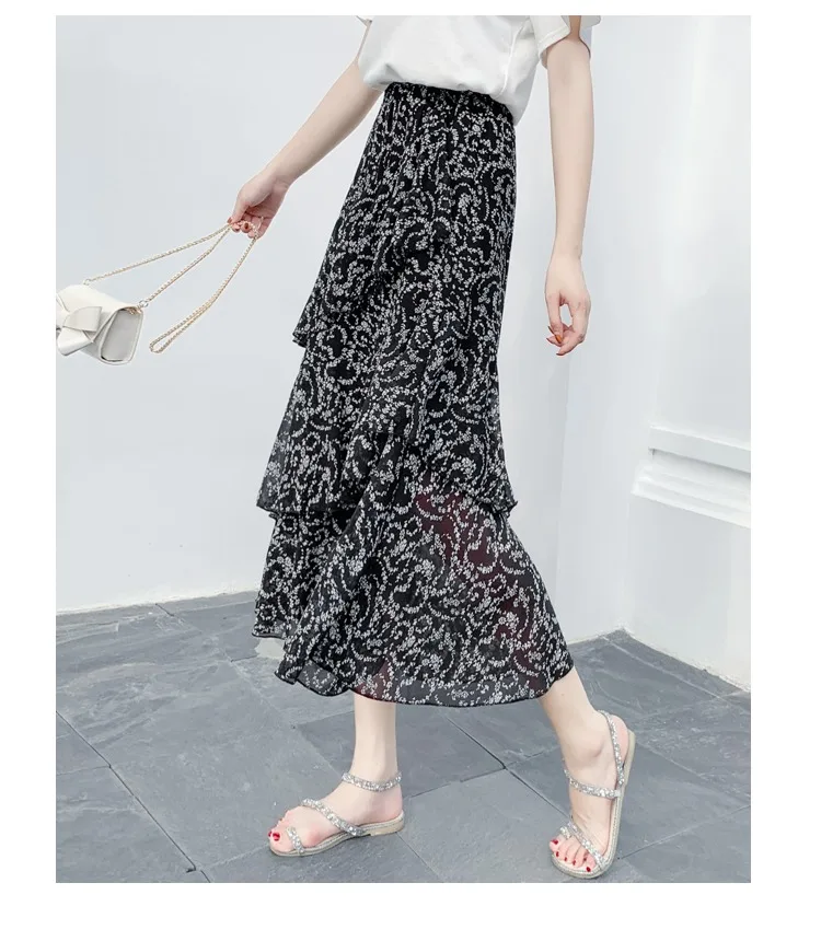 Summer Skirts Womens 2022 New Polka Dots Floral Print Chiffon Pleated Skirt Irregular Cake Skirt Casual Midi Skirt Women Clothes hoop skirt
