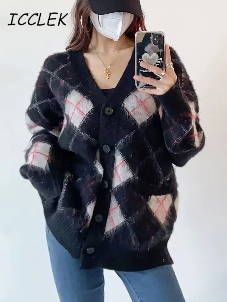 

Traf Plaid Cardigan V Neck Women Button Cardigan 2022 Long Sleeve Sweater Autumn Winter Knitted Jacket Loose Oversized Jumper