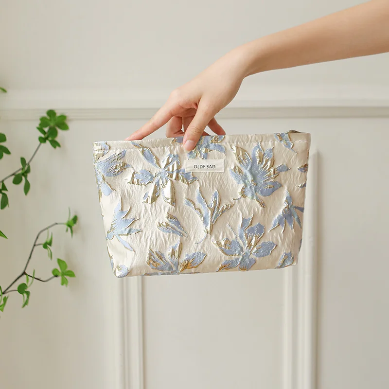 Blue Bouquet Women's Large Capacity Canvas Makeup and Toiletry Bag
