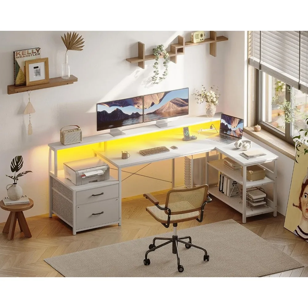 "66-inch reversible l-shaped desk with storage and integrated power outlet & led lighting for home office"