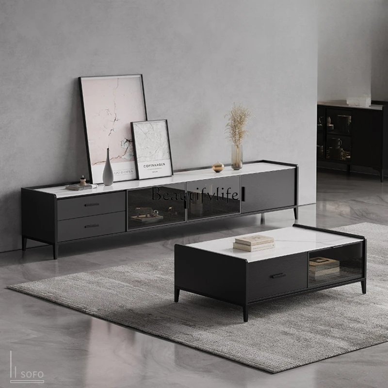 

Nordic Stone Plate Solid Wood TV Cabinet Coffee Table Modern Minimalist Living Room Small Apartment Black Floor Cabinet