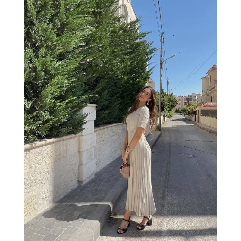 Ribbed Short Sleeve Casual Maxi Dress Knitwear Lace-Up High Waist Solid Patchwork Dress Autumn Female Knit Dress New