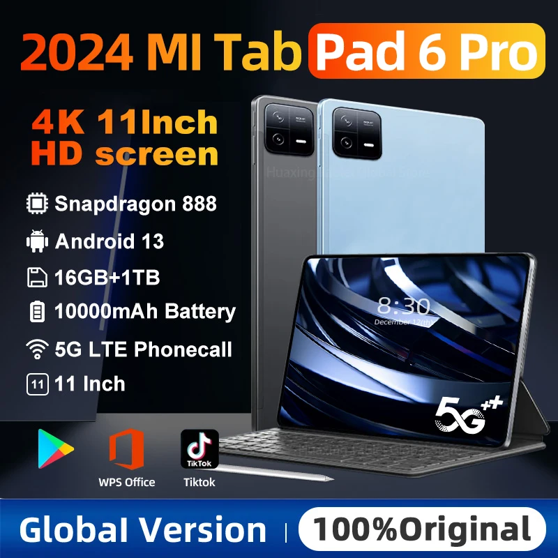 2024 오리지널 글로벌 버전 태블릿 패드 6 프로, HD, 4K, 안드로이드 13, 스냅드래곤 888, 11 인치, 16GB + 1TB, 10000mAh 태블릿 PC, 5G 와이파이, 미 탭