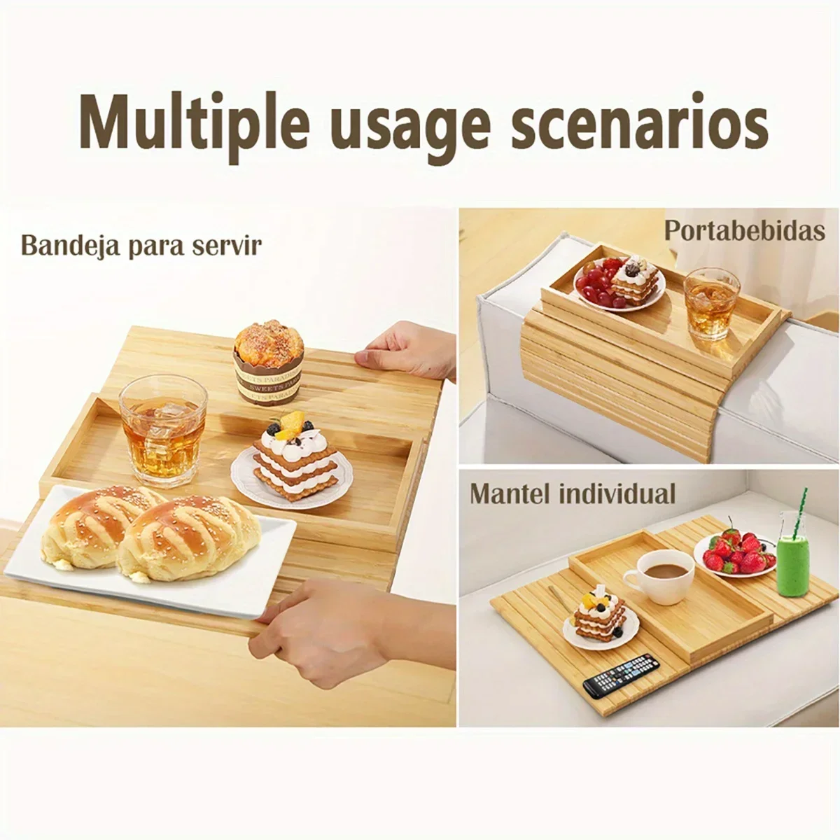 Sofa Armrest Tray Collapsible Bamboo Sofa Armrest Table, Non-slip Tray with Cup Holder, Snack Side Table