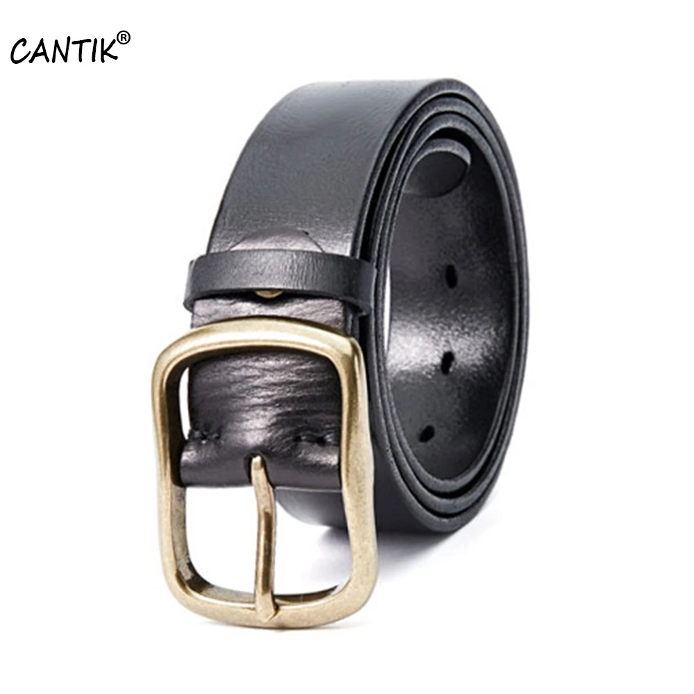 CANTIK New Design Solid Gold Brass Buckle Male Men's Top Quality Pure 100% Cow Genuine Leather Belts Clothing Accessories