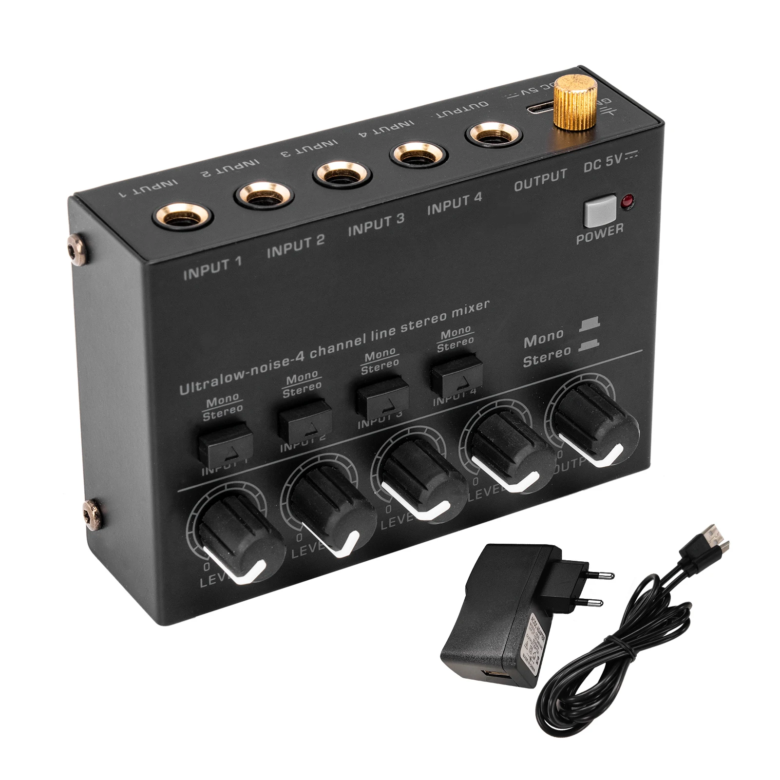 

Mini Audio Mixer Ultra Low Noise 4 Channel Line Stereo Mixer 4 Input 1 Output DC 5V Bass Guitar Mixer for Bar Stage Studio