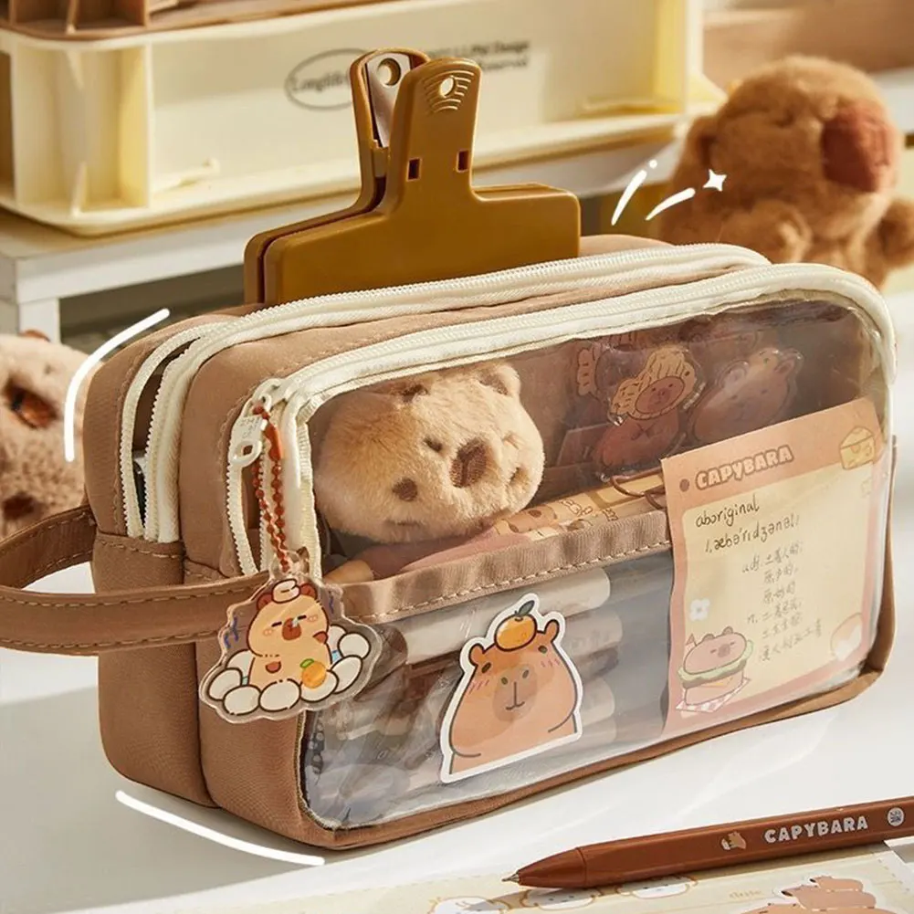 Capybara Kawaii Pencil Case with Compartments Pencil Pouch with Sticker Pendant Stationary Bag for Office School: 3 - 5 Days Free Delivery Only UK