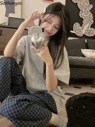 Pajama Sets Women Solid Basics Spring All-match Home Cozy Vintage Graceful Attractive Daily Korean Style Ladies Modern Casual