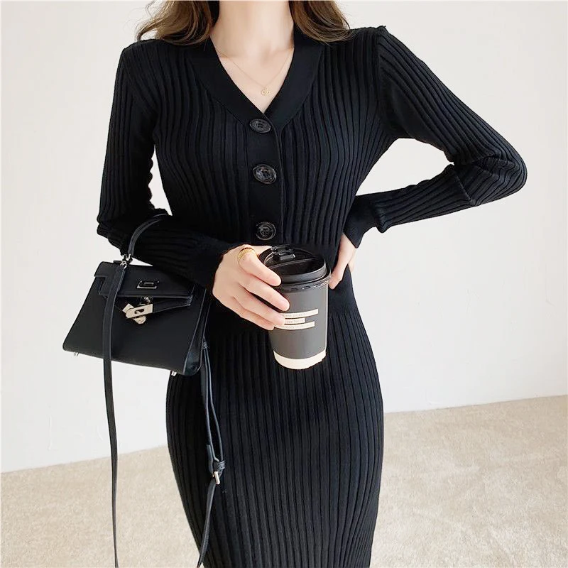 

Женское платье с длинным рукавом, осенне-зимнее однотонное платье, облегающее эластичное сексуальное платье с V-образным вырезом и высокой талией, яркий наряд, Повседневная Длинная юбка