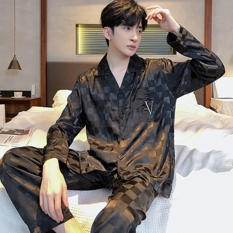 Ice Silk Sleepwear Men Long Sleeve Spring Autumn Pajamas Setds Silk Nightwear Homewear Sets Luxury Brand Clothing Korean Fashion