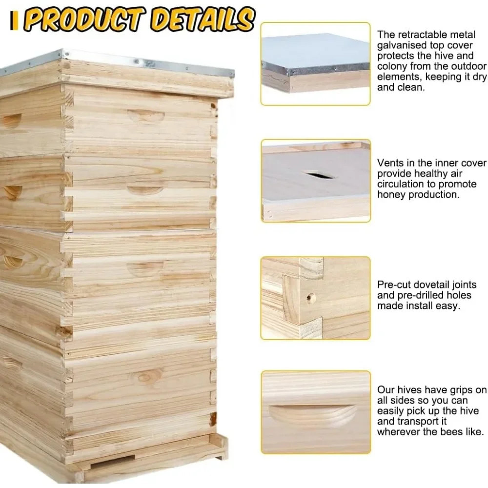 10-Frame Bee Hives with 2 Deep Bee Box 2 Medium Hive Box with Beehive Frames and Beeswax Coated Foundation Sheets