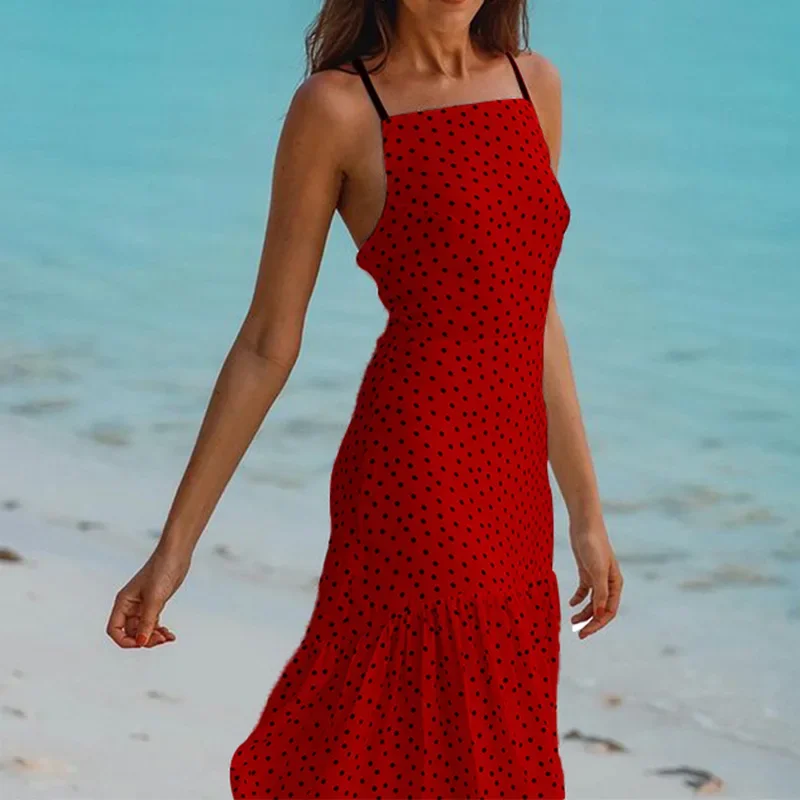 2023 Summer Women's Polka Dot Printed Long Dress Thin Shoulder Strap Robe New Style Sling Tight Backless Fashion Wrap Dress Set