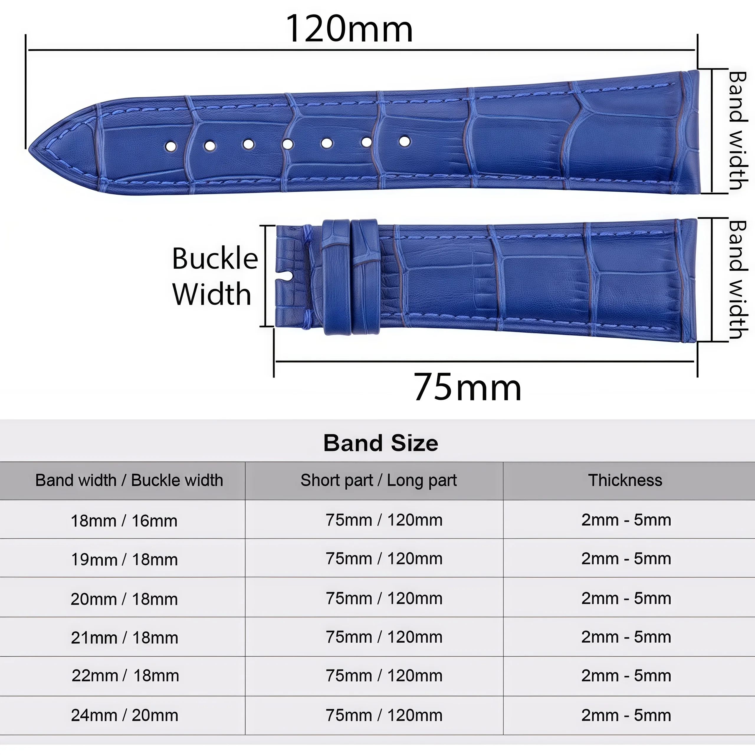 Premium Genuine Top Grain Leather Watch Band with Deployment Clasp, Universal Size 18-24mm