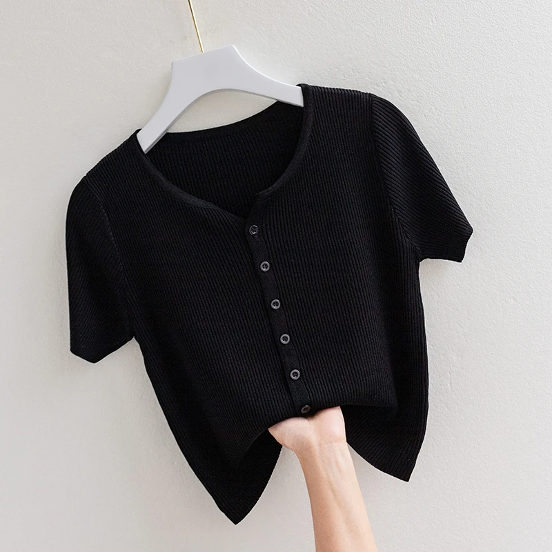 

Solid Knitted Women T-Shirts Summer Vintage 2023 V-Neck Short-Sleeved Casual All Match Female Outwear Tops