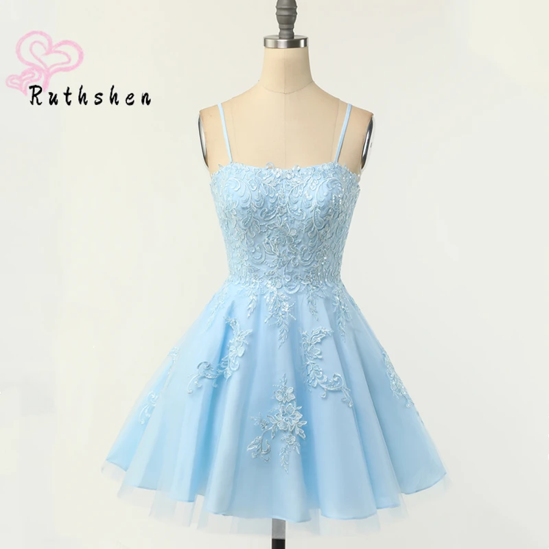Spaghetti Straps Short Homecoming Party Dresses For Formal Occasion Teen Sky Blue Lace Appliques Mini Abiti Da Laurea Vestidos