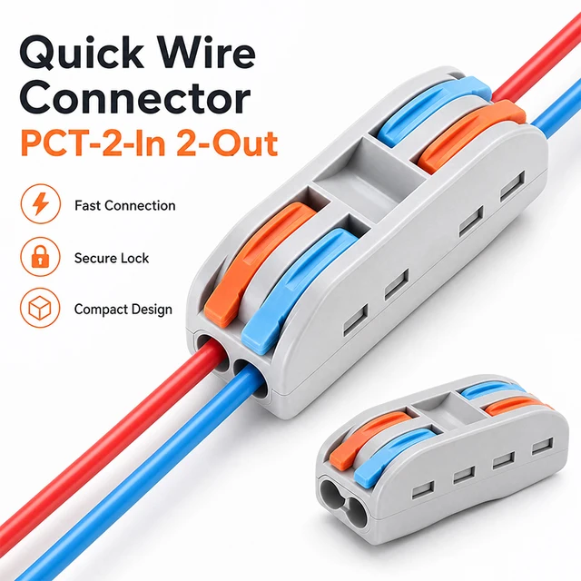 10PCS  PCT Quick Wire Push-in Connector 2 in 2 Out 2-Position Splice Terminal Block for Universal Electrical Cable Durable 1