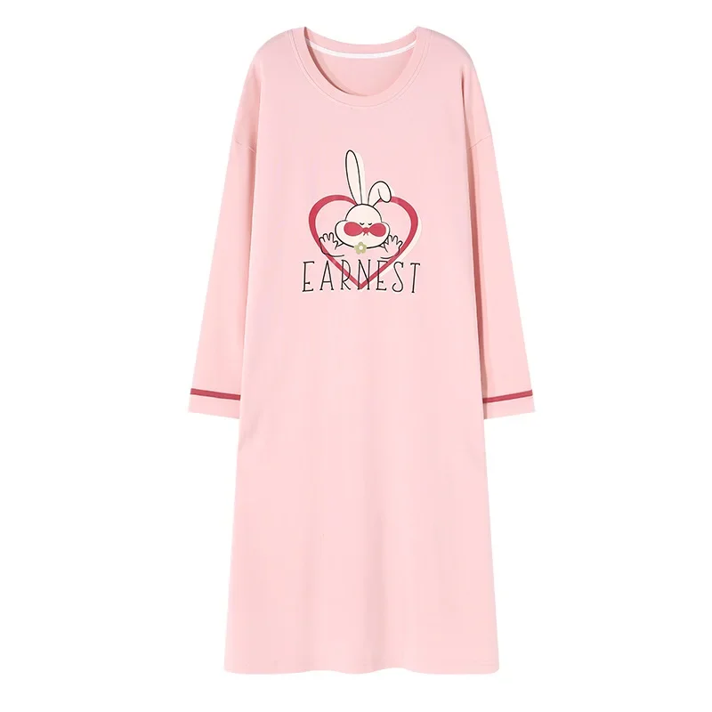 New Cartoon Cute Pajama Dress Women Spring and Fall Cotton Comfortable Rabbit Print Sweet Girl Home Long-sleeved Dress Sleepwear