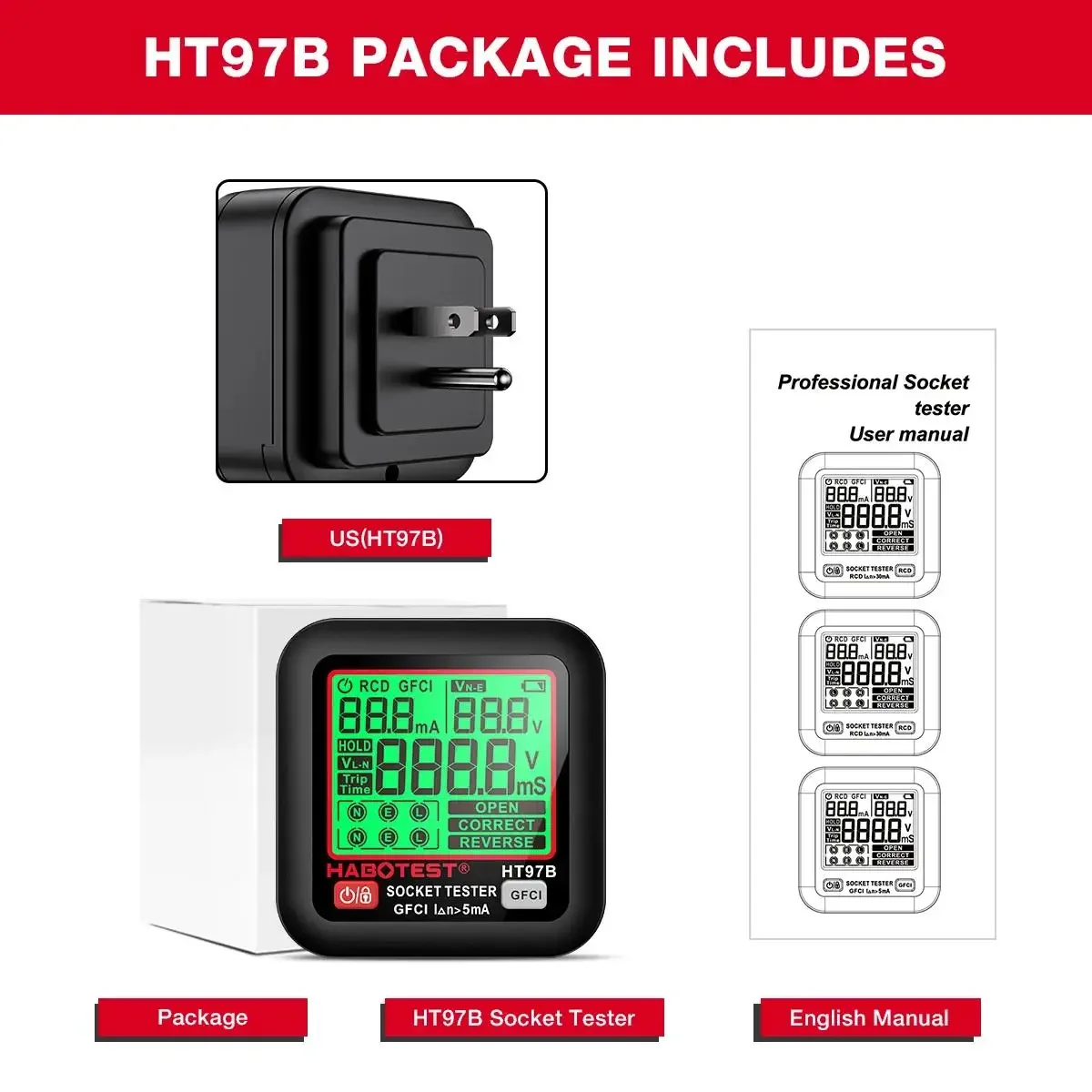 HABOTEST HT97 Digital Socket Tester Smart Voltage Detector RCD GFCI Voltage Test EU US UK Plug Large display Socket Tester