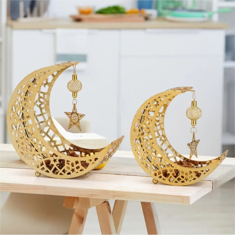 Ramadan Moon Star Hollow Golden Iron Tray Snack Comfit Fruit Storage Living Room Kitchen Festival Party Wedding Table Decoration 5