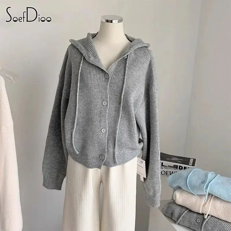 

Soefdioo Casual Hooded Knitted Cardigan Women Fashion Long Sleeve Single Breasted Loose Sweater Coat 2023 Fall Y2K Streetwear