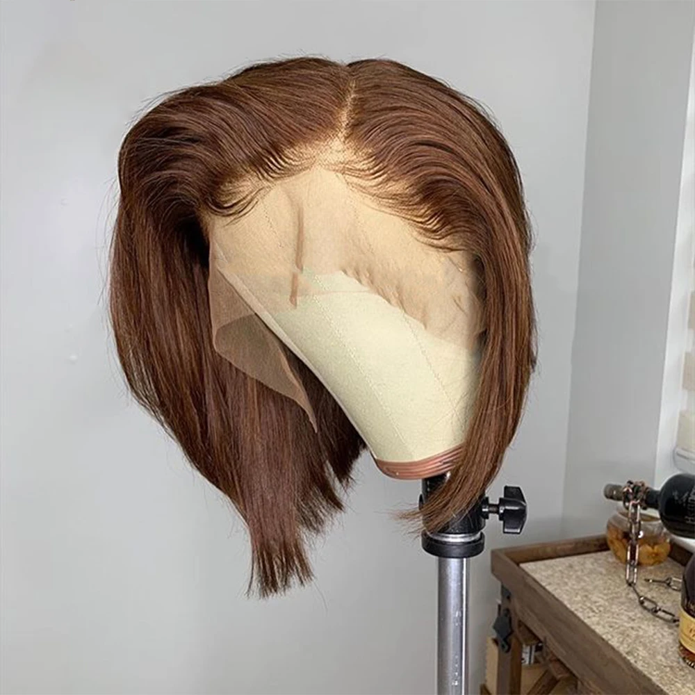 

#60 23A Grade Remy Soft Short Bob Straight Honey Brown Full Lace Wig With 4x4 Silk Base For Women Straight Human Hair Baby Hair