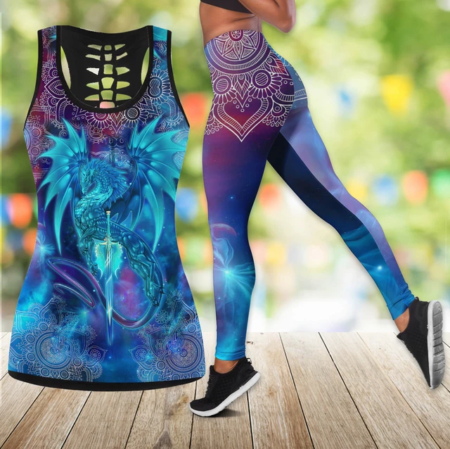 Dragon Galaxy Legging and Hollow Out Tank Top Set Outfit For Women