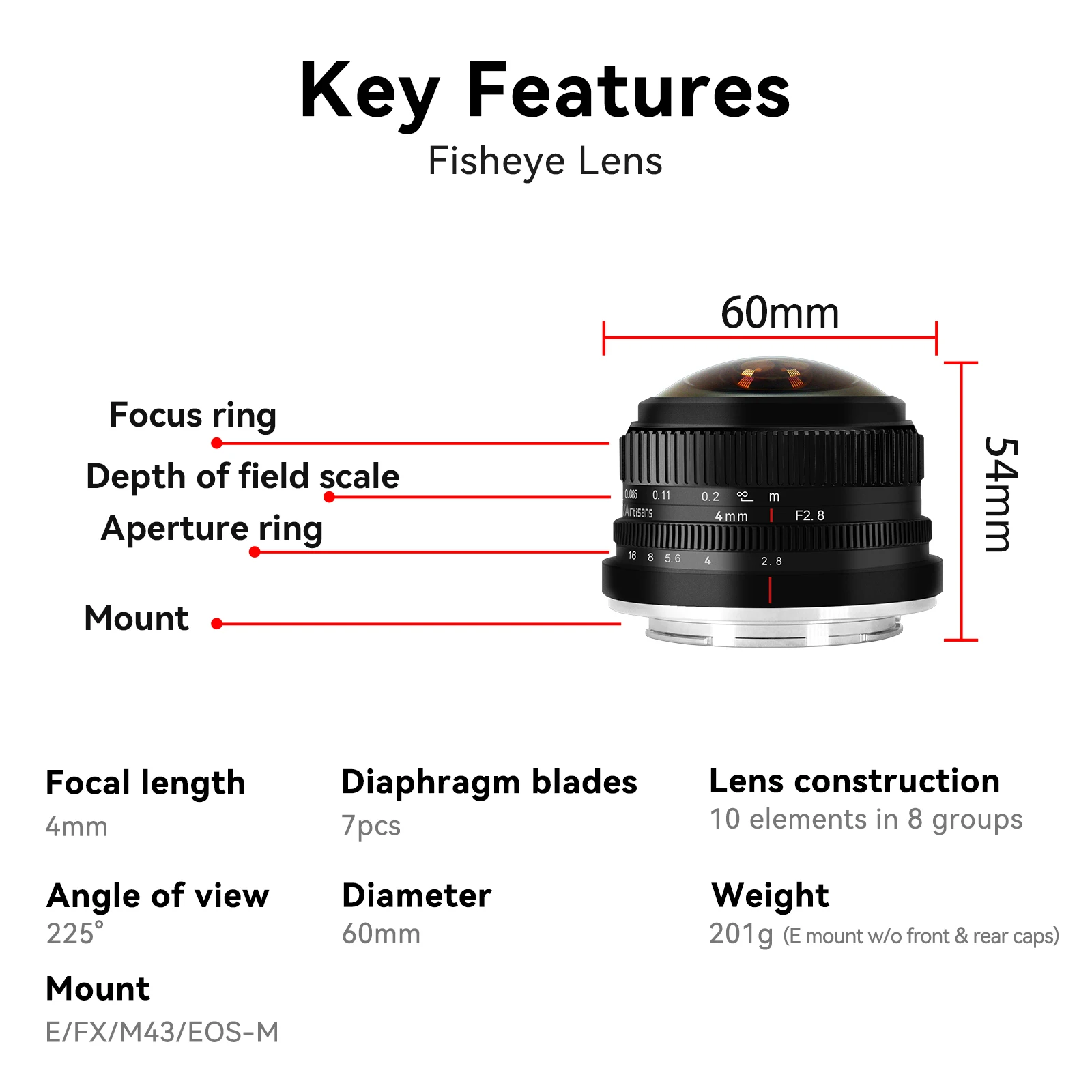7artisans APS-C MF 프라임 렌즈 4mm F2.8 225 ° E A6400 ZVE10 후지필름 X X-T1 X-Pro1 X-A10 마이크로 4/3 EPM1용 원형 어안 렌즈