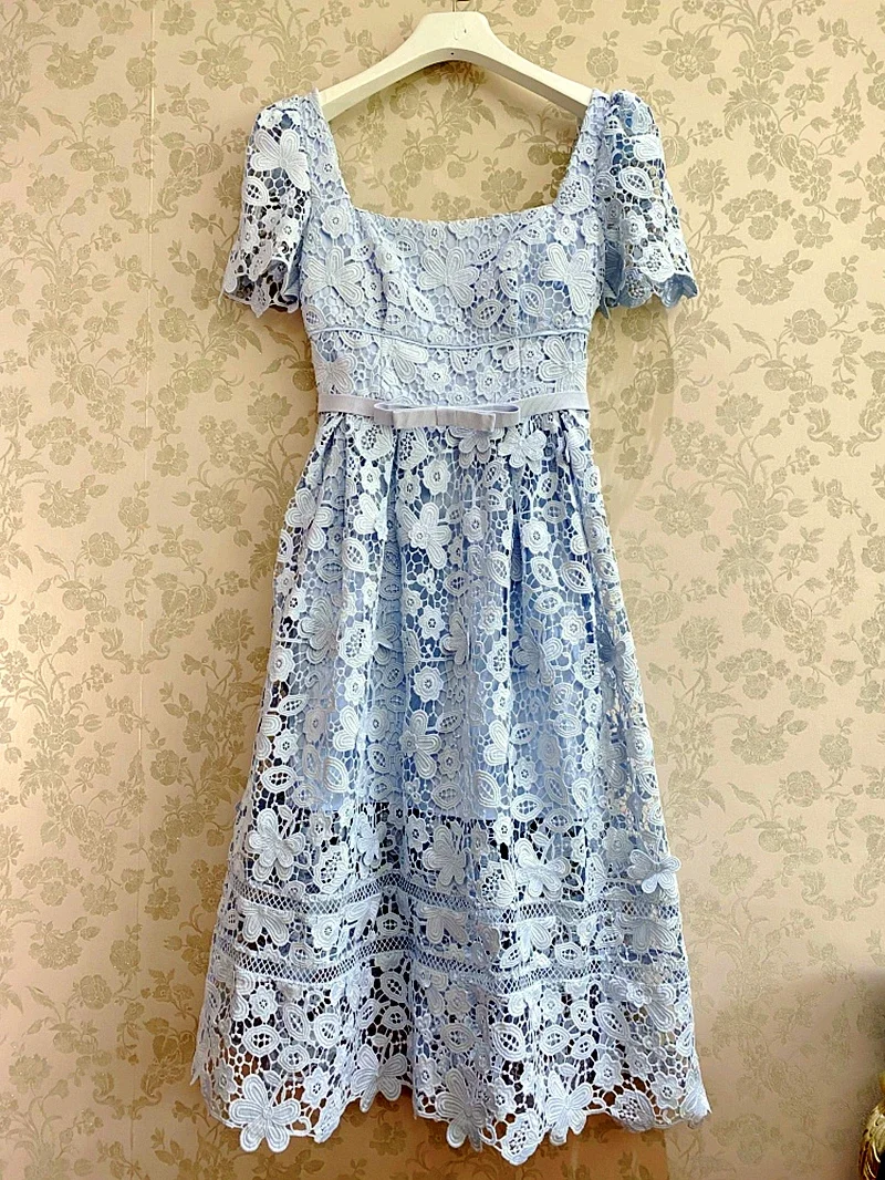 

High Quality Square Collor Short Sleeve Women Lace Midi Dress 2021 New Arrive Hollow Out Floral Dress