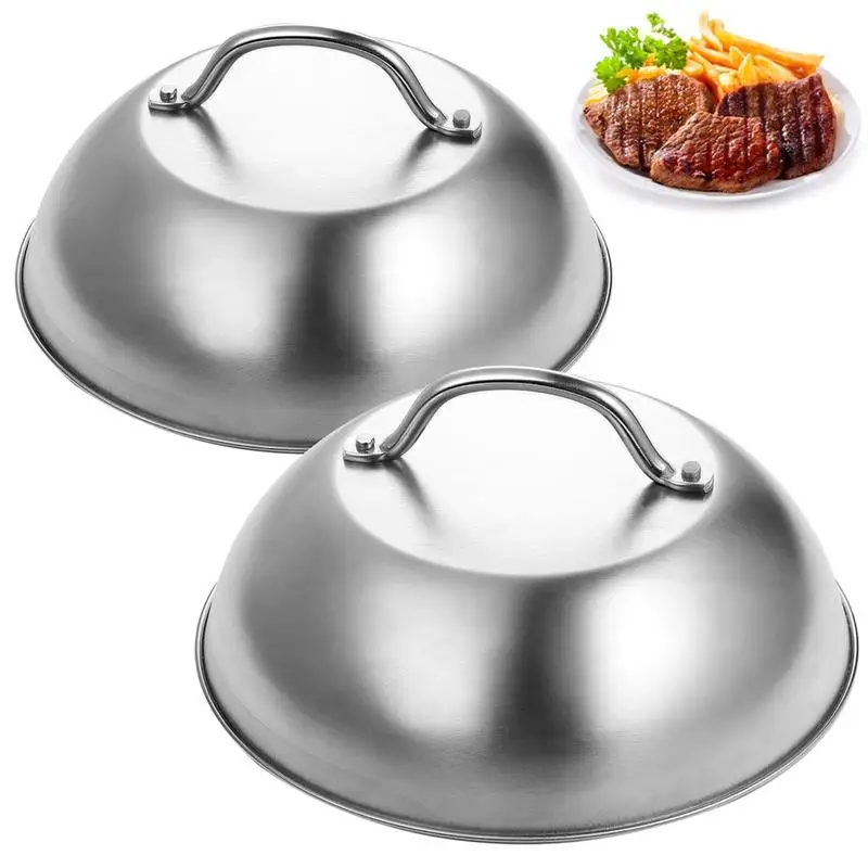 Basting Cover 2Pcs food cover Stainless Steel Heatproof Round Cheese Melting Dome Burger Cover Meal Food Kitchen Cooking Supplies