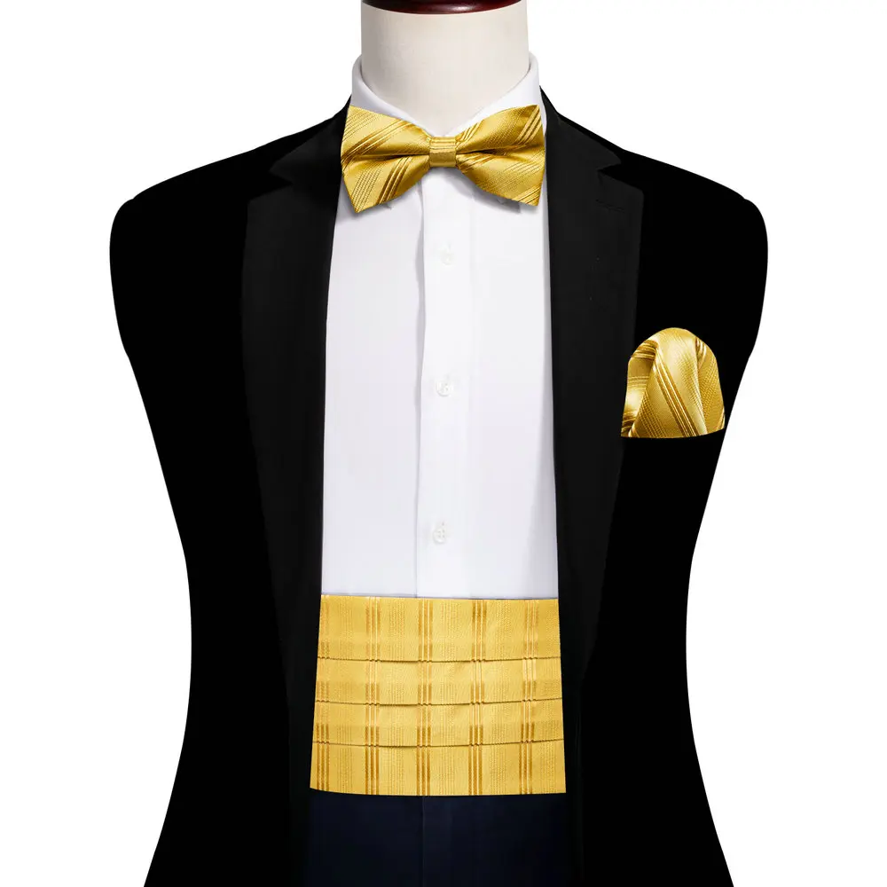 

Fashion Gold Stripe Cummerbund And Bowtie Set New Handkerchief Cufflinks Exquisite Tuxedo Suit Wedding Party Designer Barry.Wang