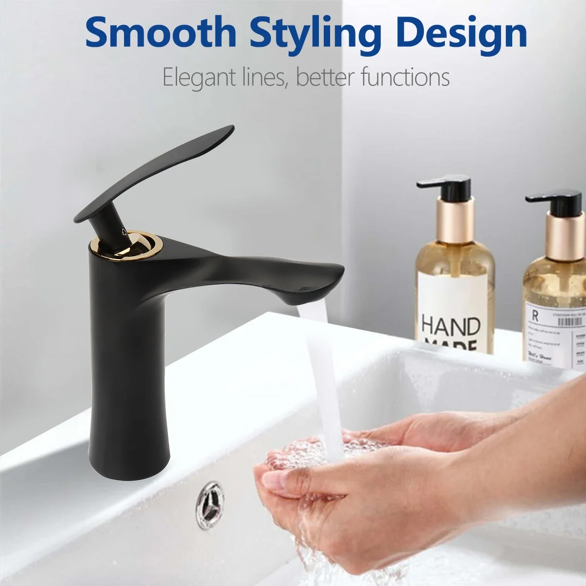 

Deck Mounted Basin Faucet Black Matte Luxury Sink Tap Single Handle Tap Hot and Cold Water Single Hole Basin Mixer for Bathroom
