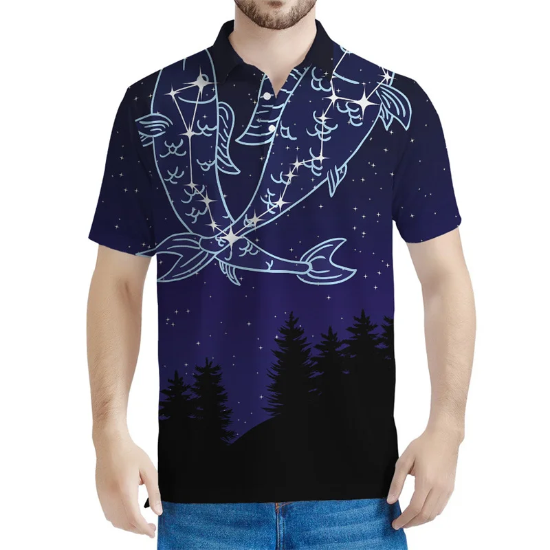 

Constellation 3D Printed Polo Shirt For Men The Zodiac Graphic Short Sleeves Casual Street Button Tees Lapel POLO Shirts Tops