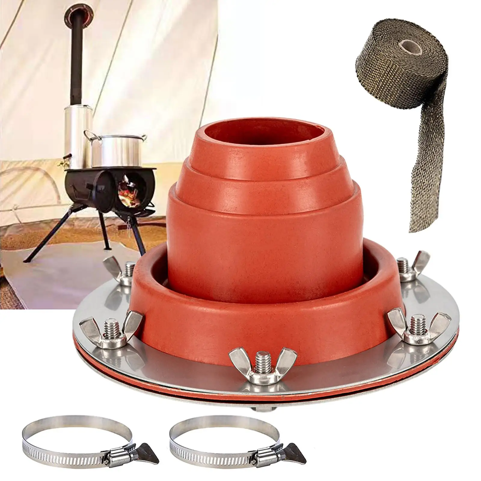 Tent Roof Stove Jack with Fireproof Tape Tube Pipe Vent for Wood Burner Yurt