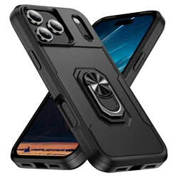 Military Grade Armor Case with Metal Stand and Ring Holder - Durable Coque Cover - iPhone 15 (Black)
