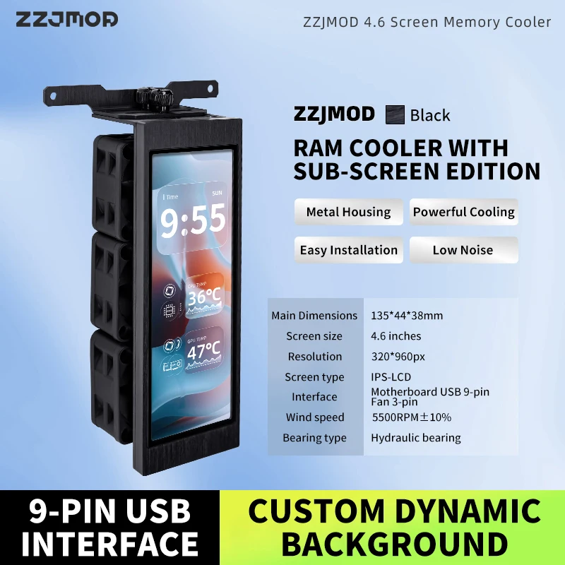 ZZJMOD 4.6인치 스크린 메모리 쿨러, IPS-LCD 스크린/마더보드 USB 9핀&팬 3핀 인터페이스/맞춤형 배경/알루미늄 합금