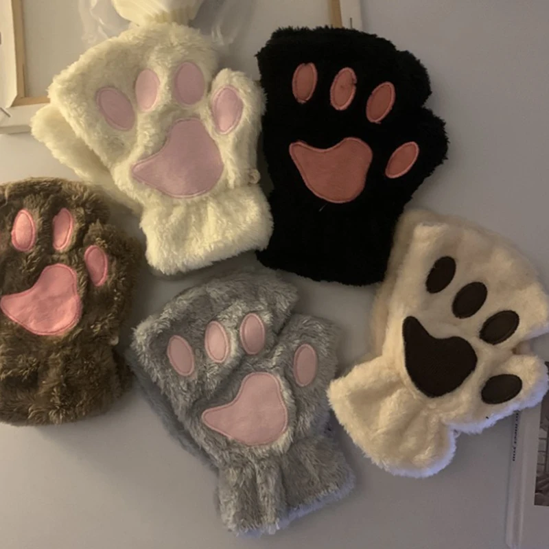 

Модные женские Искусственные плюшевые варежки в виде лап, теплые мягкие плюшевые короткие женские перчатки без пальцев для отдыха с медведем, кошкой, подарки на полпальца