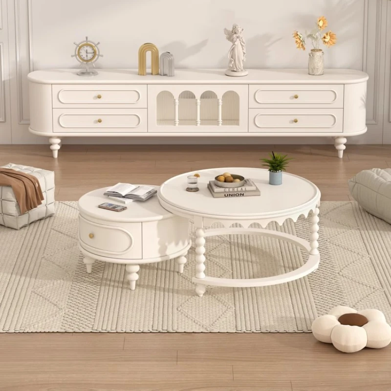 Crafted French Solid Wood TV Console Glass Coffee Table Cream Tone Finish Living Room Luxury Flair Space Saving Corner Solution