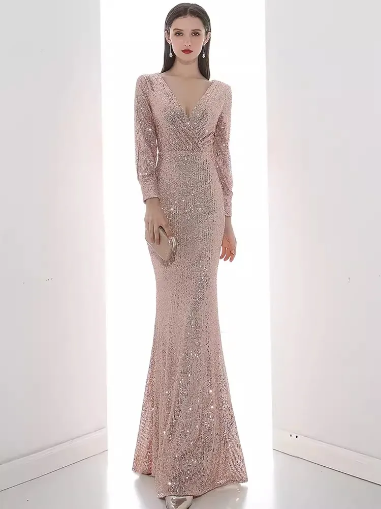 

2023 New Fashion V-Neck Long Sleeved Floor-Length Evening Dress Elegant Sequins Mermaid Party Dress Korean Sexy Women's Clothing