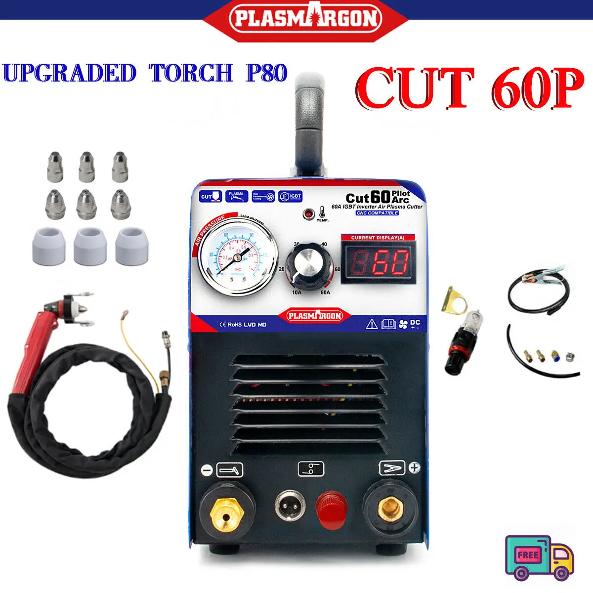 

CUT60P CNC Non-HF Pilot Arc 60Amps DC 220V or 110/220V+/-15% IGBT Air Plasma Cutter Metal Cutting Machine 18mm Cleaning Cut