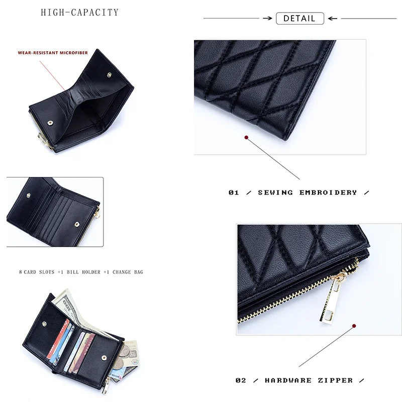 Women Genuine Leather Wallet High Quality Sheepskin Small Bifold Zipper Pocket Wallet Card Case Purse with Zipper Short Wallet